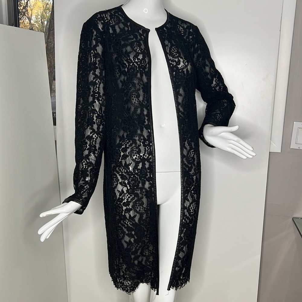Lauren Ralph Lauren Sz M Black Lace Leather Trim Duster Jacket